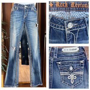 Rock Revival Penny Boot Cut Jeans RE82588L 28 | Y2K Rhinestone Distressed Denim